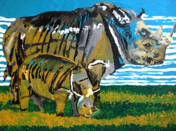 Anneke | Neushoorn met kind | Acrylverf op doek