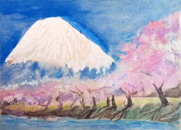 Corrie | Japanse berg | Nat-in-nattechniek met aquarelverf en daarna aquarelpotloden op papier