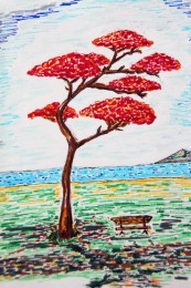 Harry | Boom in landschap | Kleurstift op papier