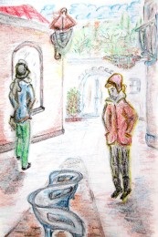 Harry | Straatje met twee figuren | Kleurkrijt op papier