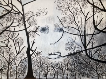 Henk | Portret in de bomen (geïnspireerd op de filmposter Premonition) | Olieverf op doek