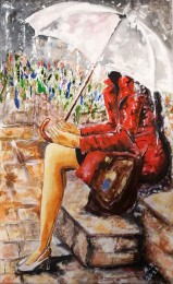 Anja | Vrouw met rode jas onder paraplu | Acrylverf op doek