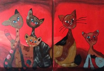 Linda | Crazy Red Cats (tweeluik) | Acrylverf op doek