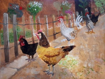 Tinus | Haan en kippen | Olieverf over acrylverf op doek